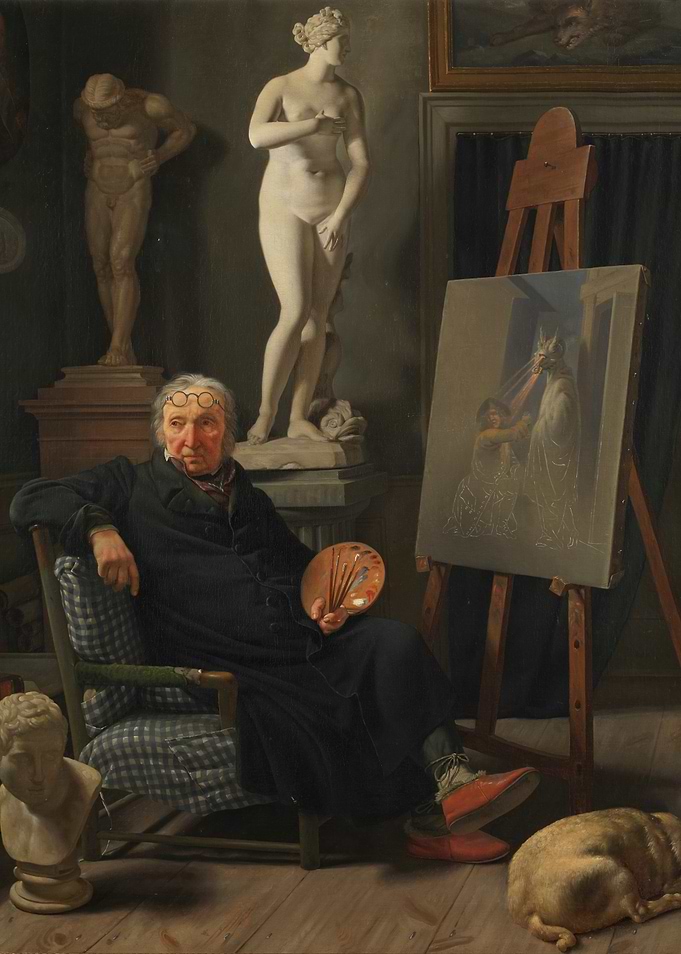 Artist in Studio with Sculptures and Painting