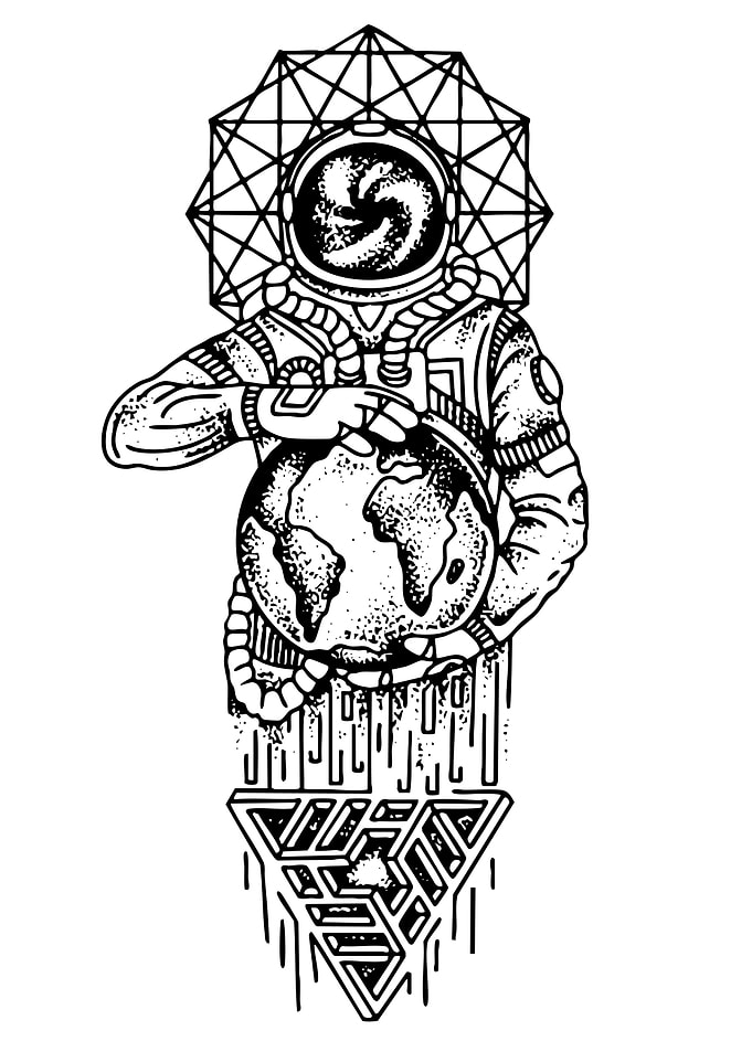 Astronaut Holding Earth with Geometric Designs