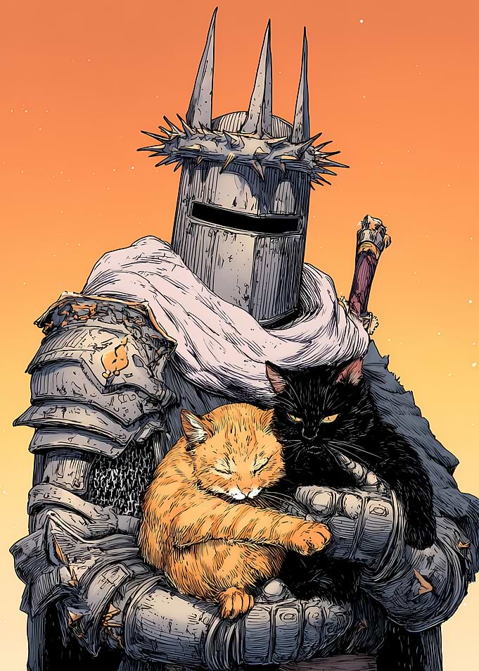 Knight Holding Two Cats