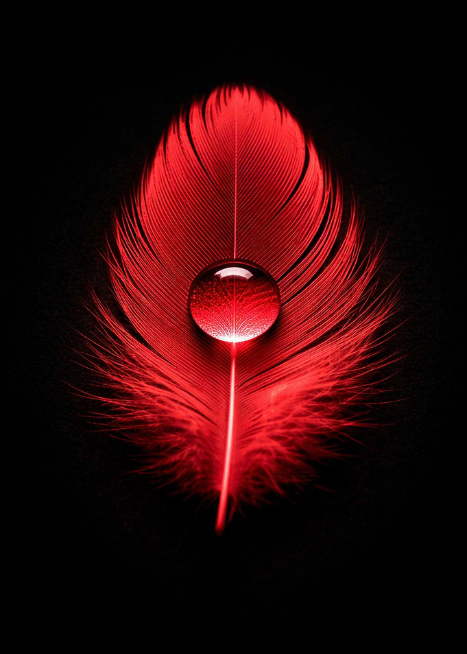 Red Feather with Water Droplet