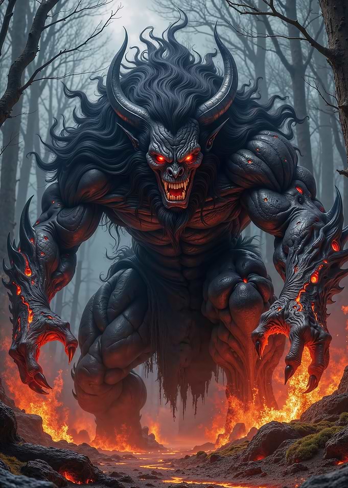 Demonic Creature in Fiery Forest
