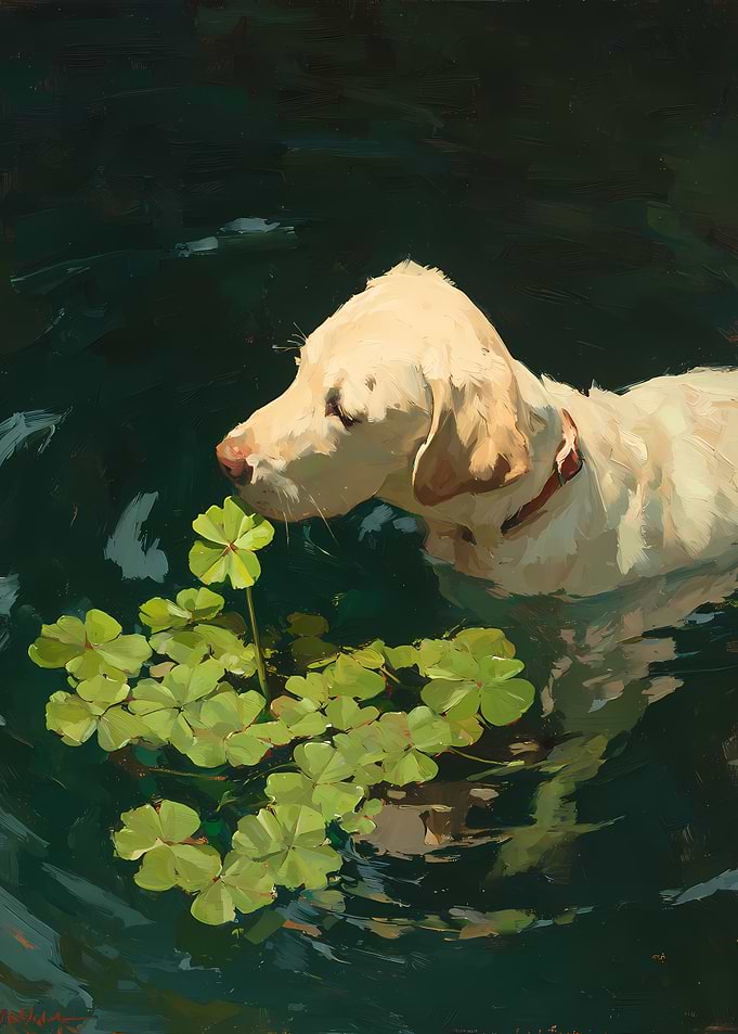 Dog smelling clover in water