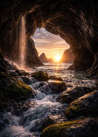 Cave Entrance at Sunset with Waterfall