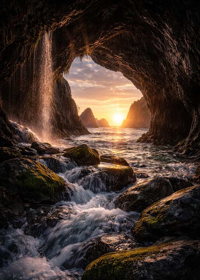 Cave Entrance at Sunset with Waterfall