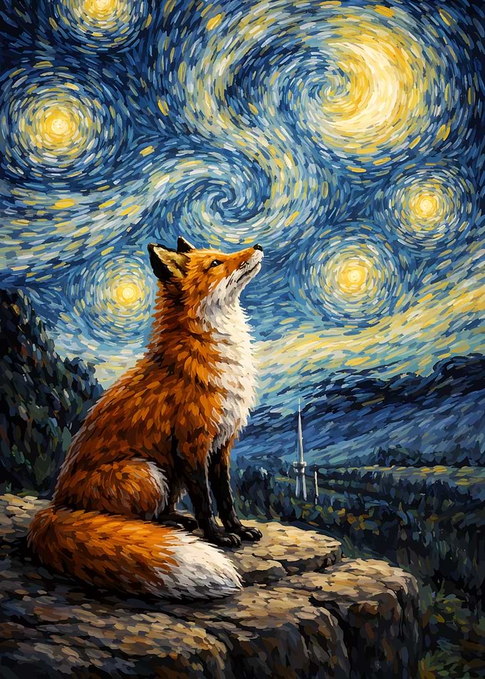 Fox Under Starry Night Sky