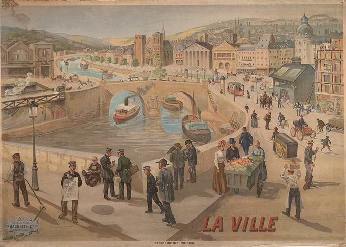 Vintage Cityscape with River and People
