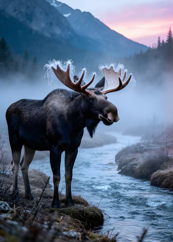 Moose in Misty Mountains at Dawn