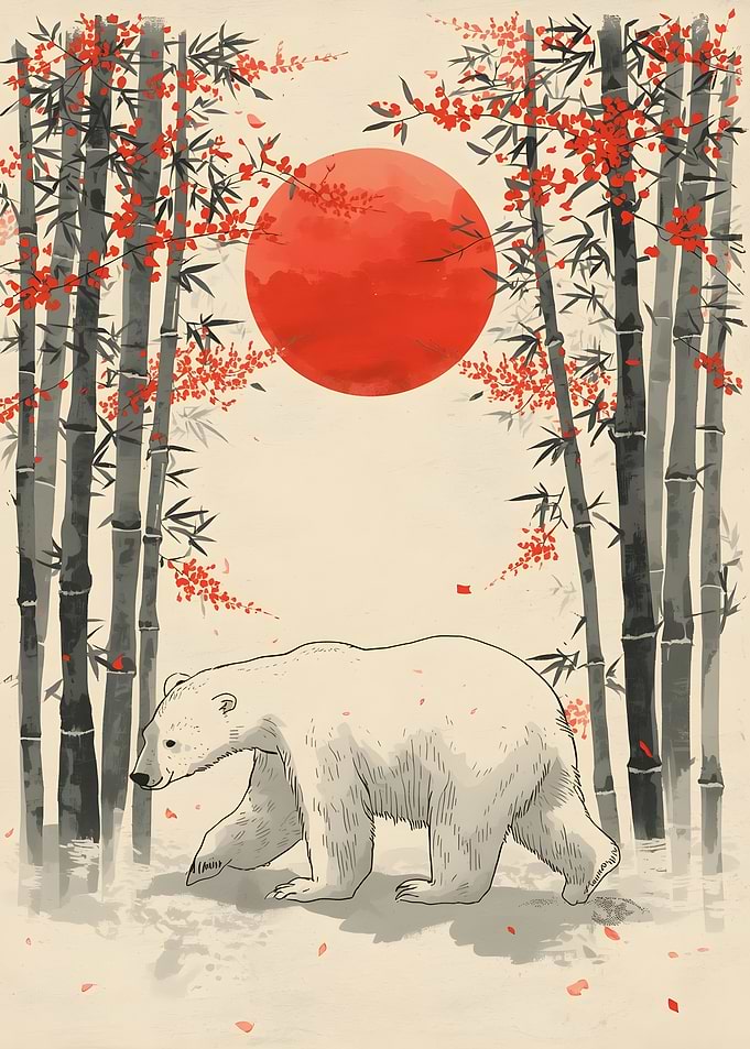 Polar Bear in Bamboo Forest with Red Sun