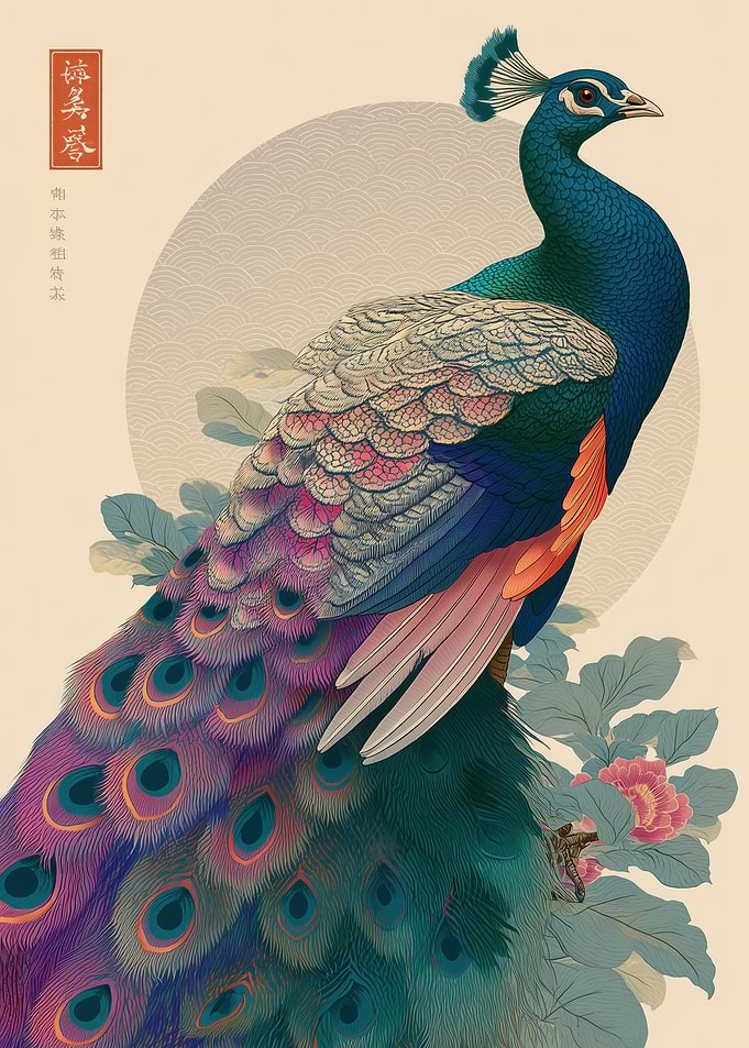 Peacock with Ornate Tail Feathers