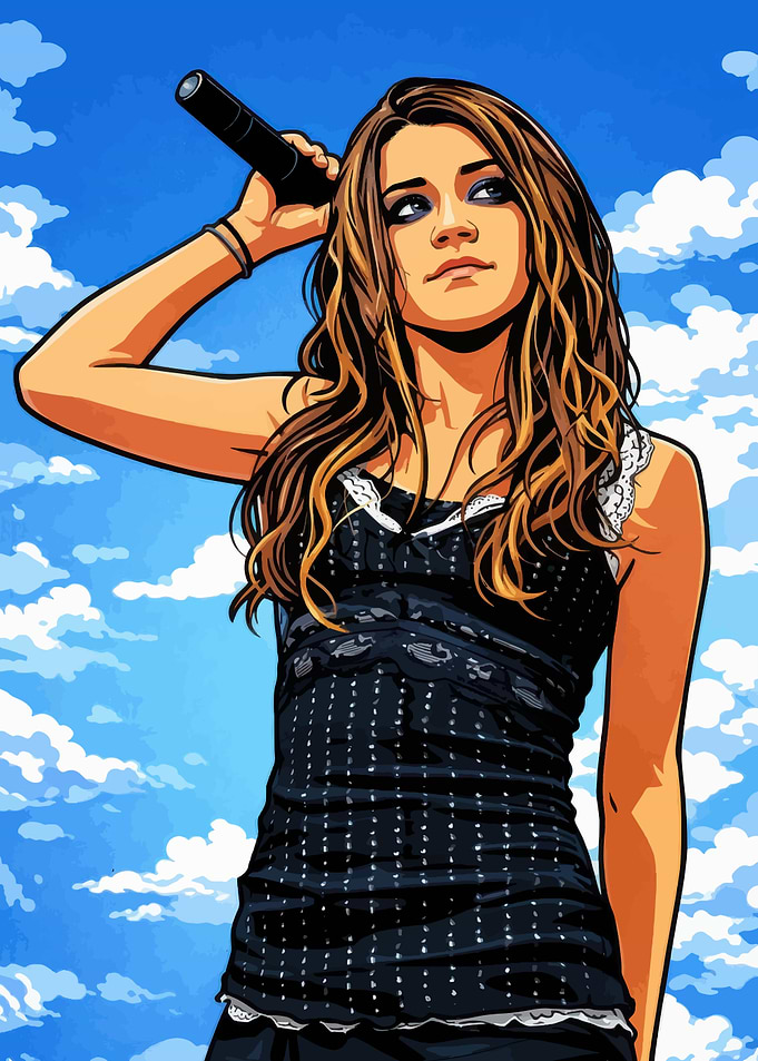 Woman holding a microphone against the sky