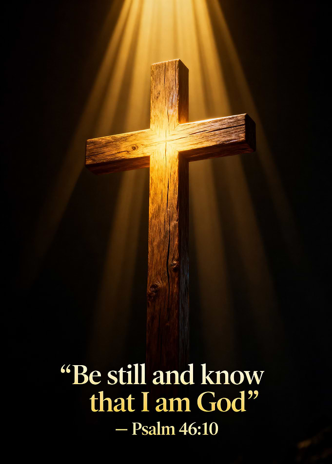 Christian Cross with Divine Light and Bible Verse