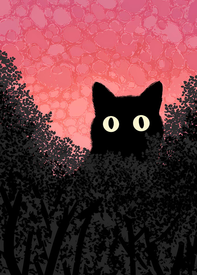 Black Cat Peeking Through Bushes