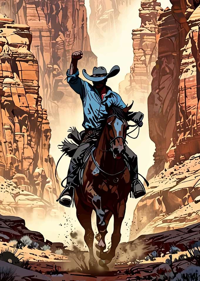 Cowboy riding horse in canyon