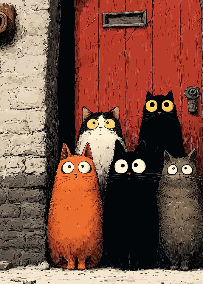 Five cartoon cats at a red door