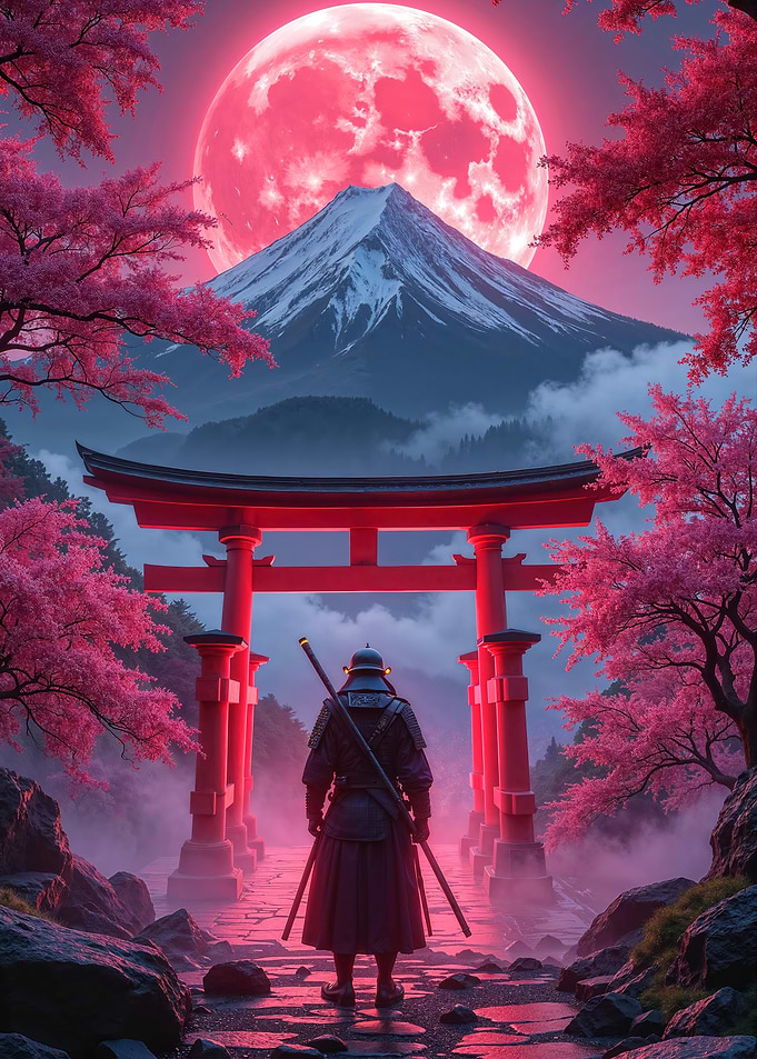 Cyberpunk Samurai Under a Red Moon