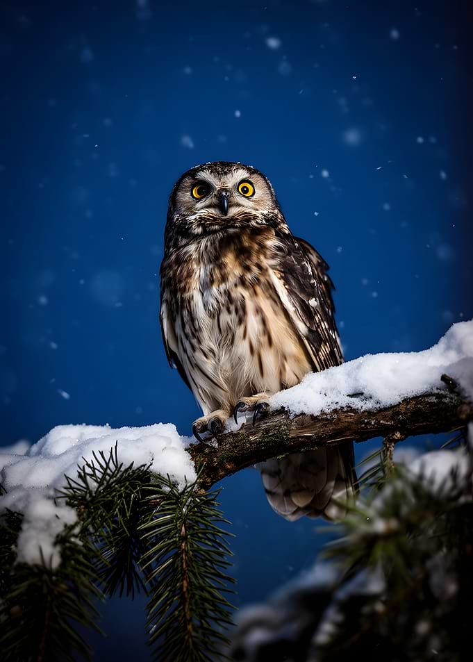Snowy Owl on Pine Branch
