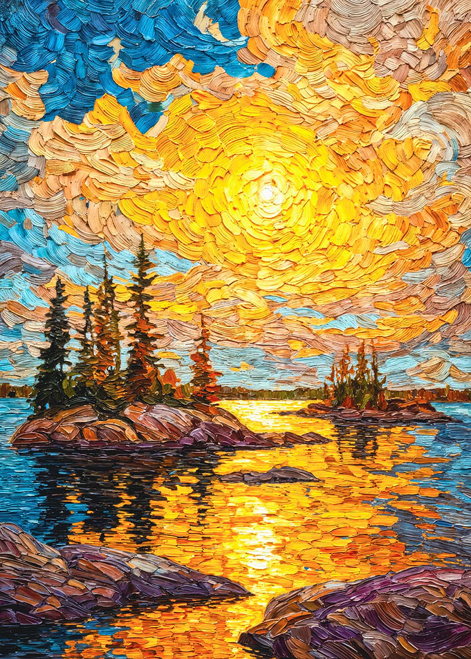 Textured Sunset Lake Impasto Painting