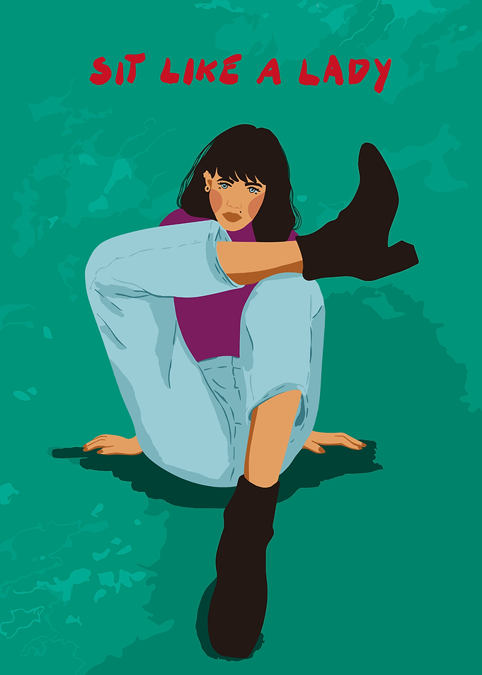 Woman sitting with text