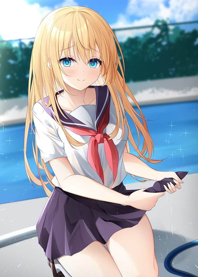 Anime Girl in School Uniform by Pool