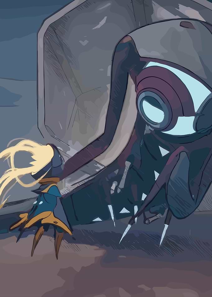 Girl facing a large robot