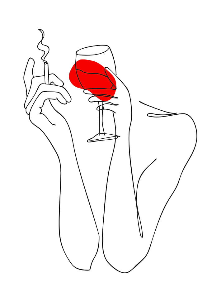 Woman holding cigarette and wine glass