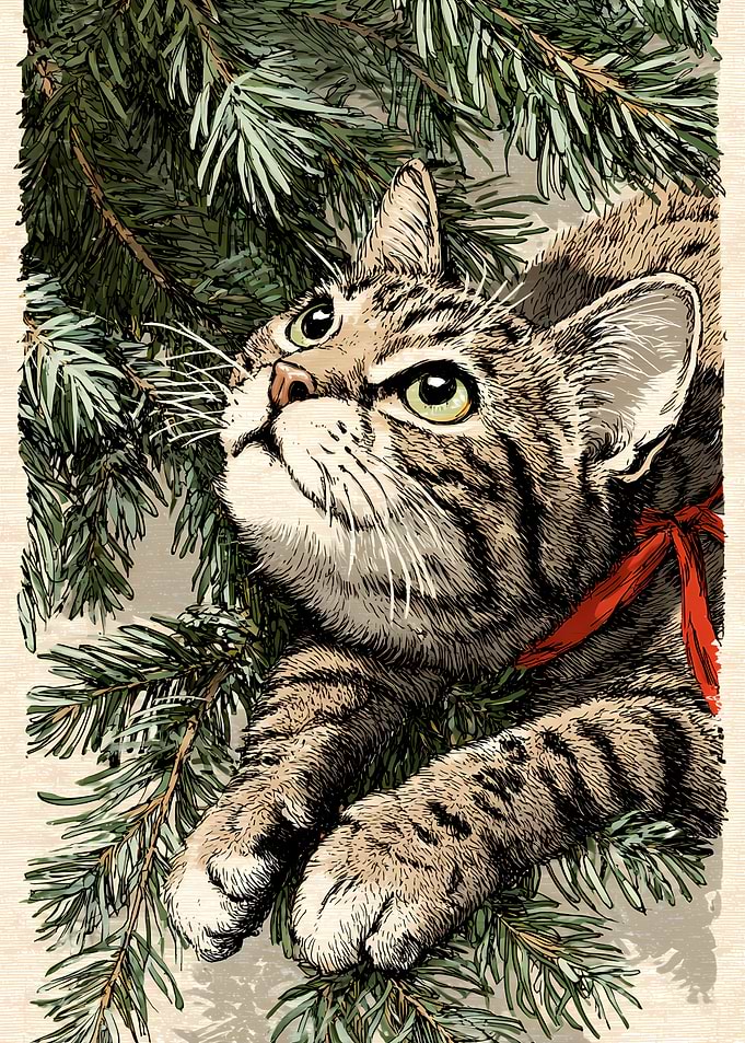 Tabby Cat in Christmas Tree