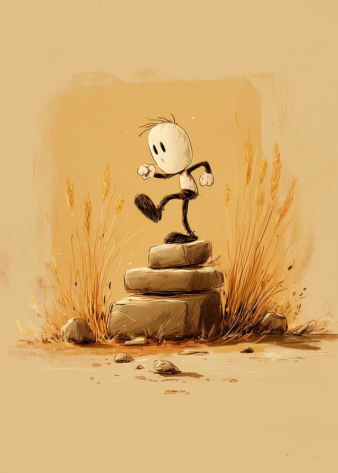 Cartoon character on stacked stones