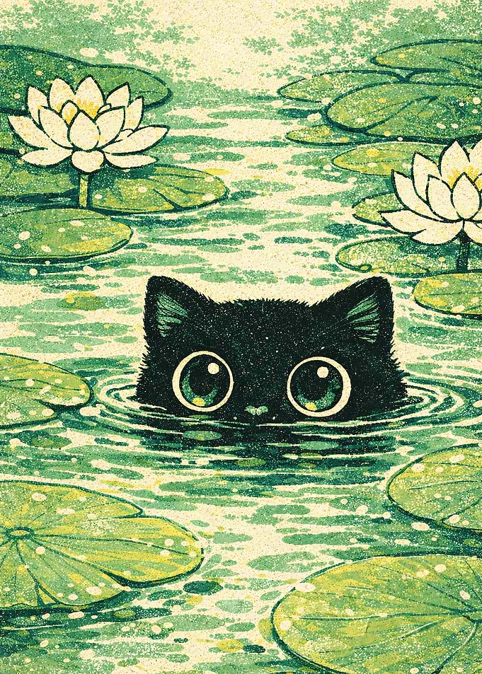 Black Cat in Lily Pond