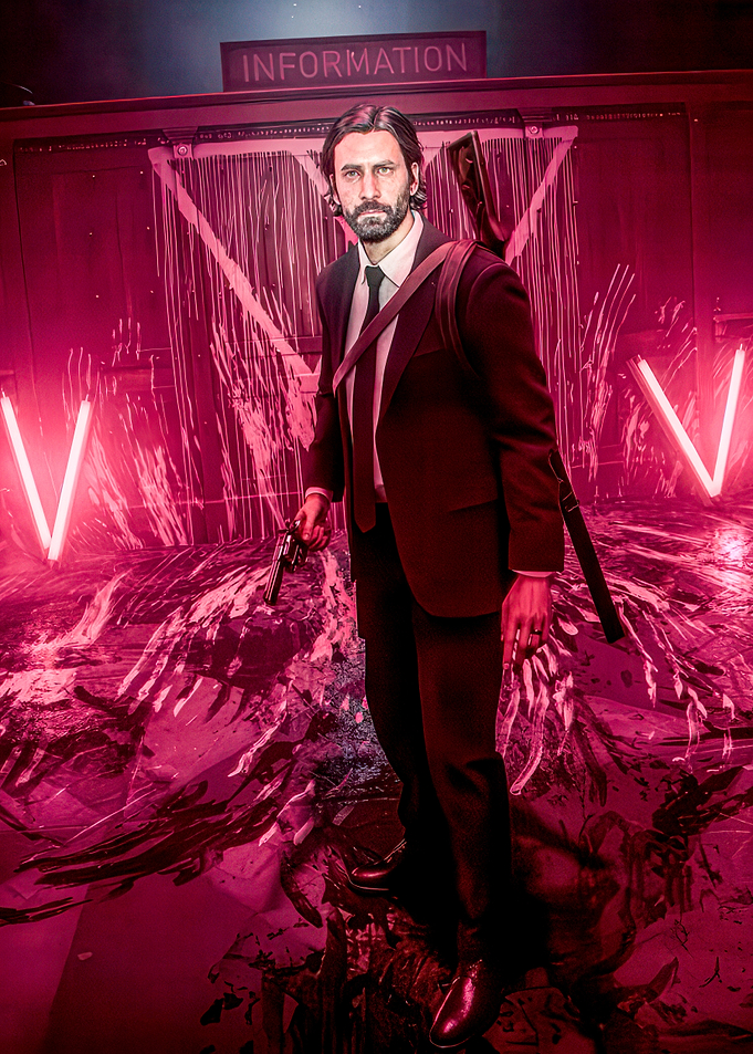 Man in Suit with Gun and Sword