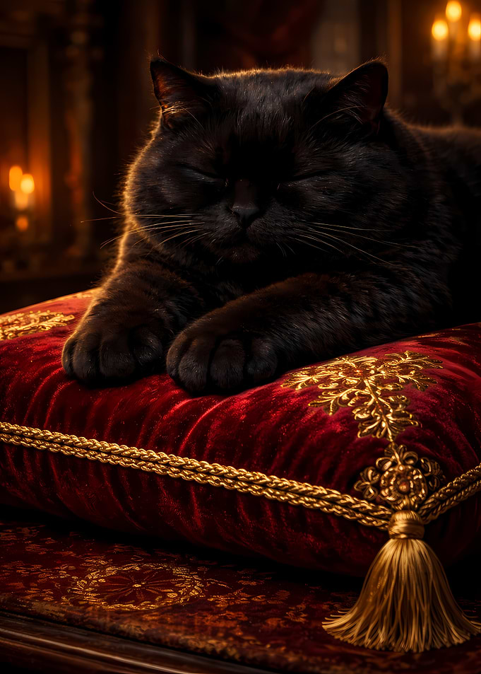 Chubby Black Cat Napping on Red Luxury Pillow