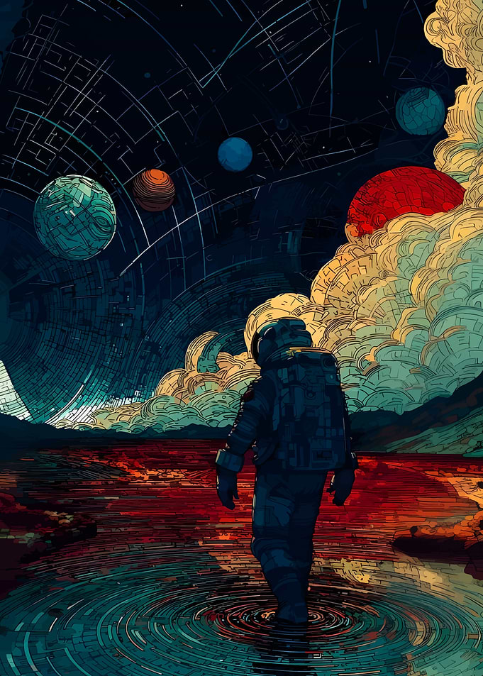 Astronaut walks on alien planet