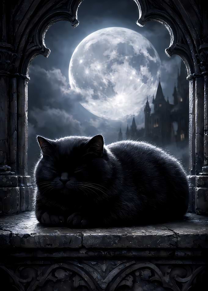 Chubby Black Cat Sleeping in Moonlight Window Gothic