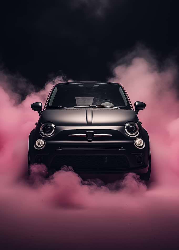 Black Fiat 500 in Smoke