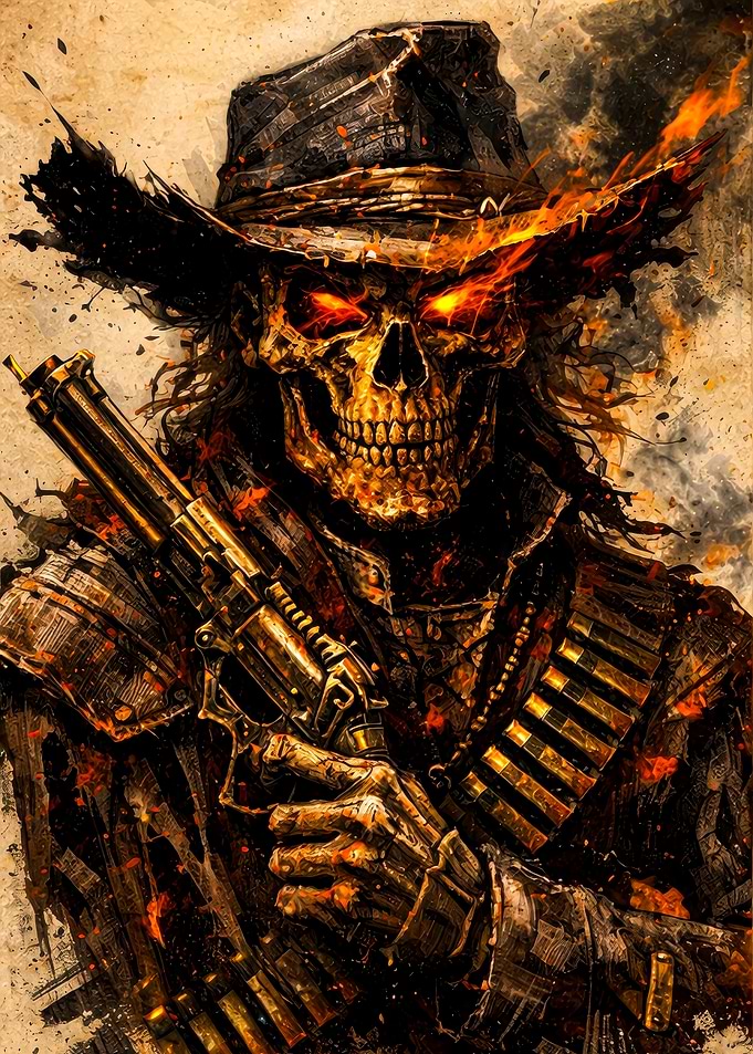 Fiery Skeleton Cowboy with Gun