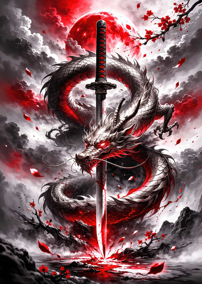 Dragon and Katana Under Red Moon