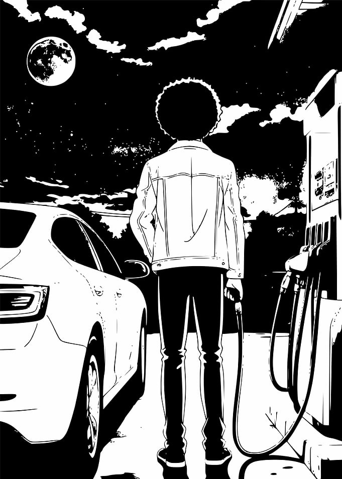 Man refueling car under the moon