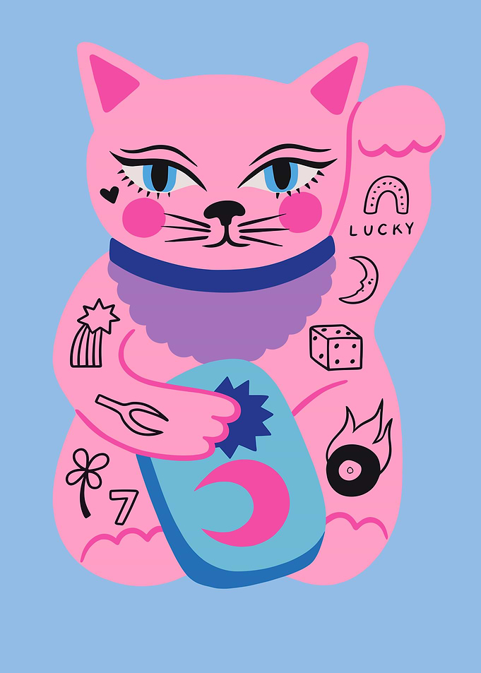 Pink Lucky Cat with Tattoos