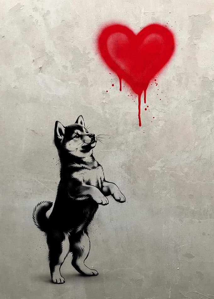 Shiba Inu with Red Heart Graffiti Banksy