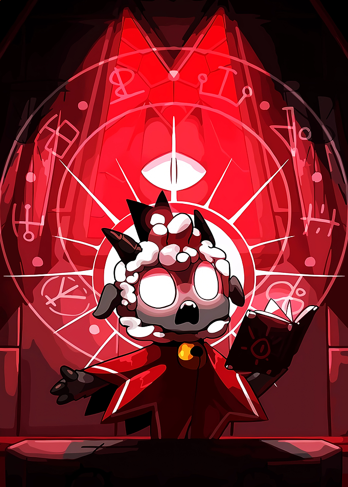 Cult of the Lamb character with ritual symbols