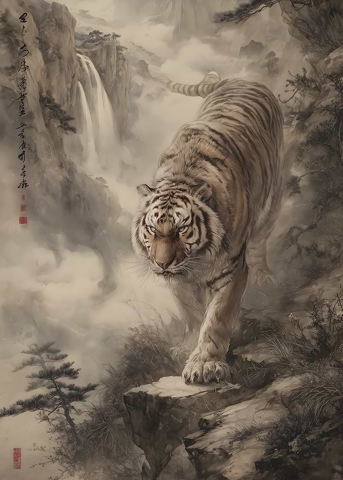 Majestic Tiger in Misty Mountains
