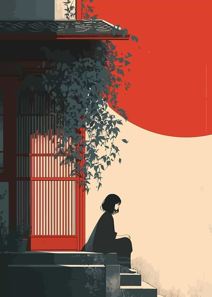 Woman sitting on steps in front of Japanese house