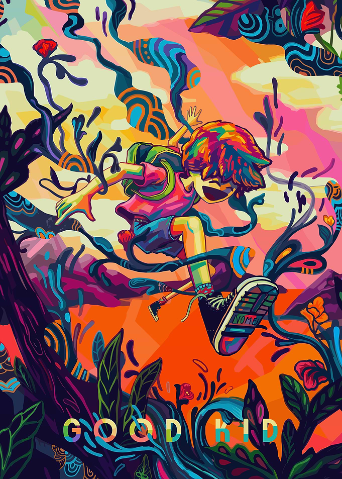 Good Kid Jumping Through Abstract Landscape