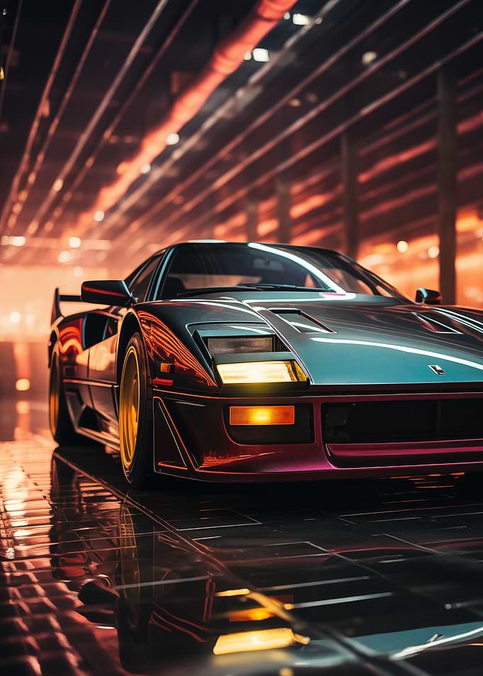 Sports Car in Neon Garage