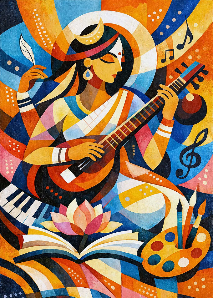 Saraswati Playing Veena with Art and Music Symbols