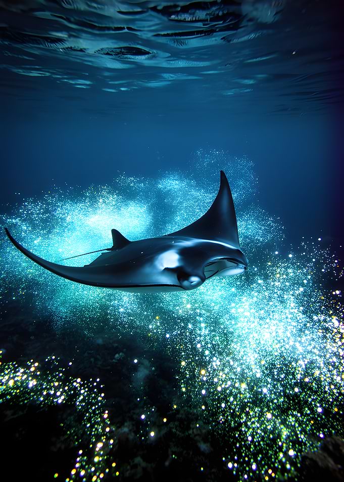 Manta Ray Swimming in Bioluminescent Water