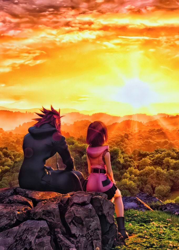 Characters watching a sunset over a forest