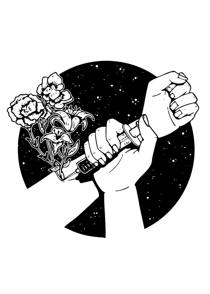 Syringe with Flowers in Space