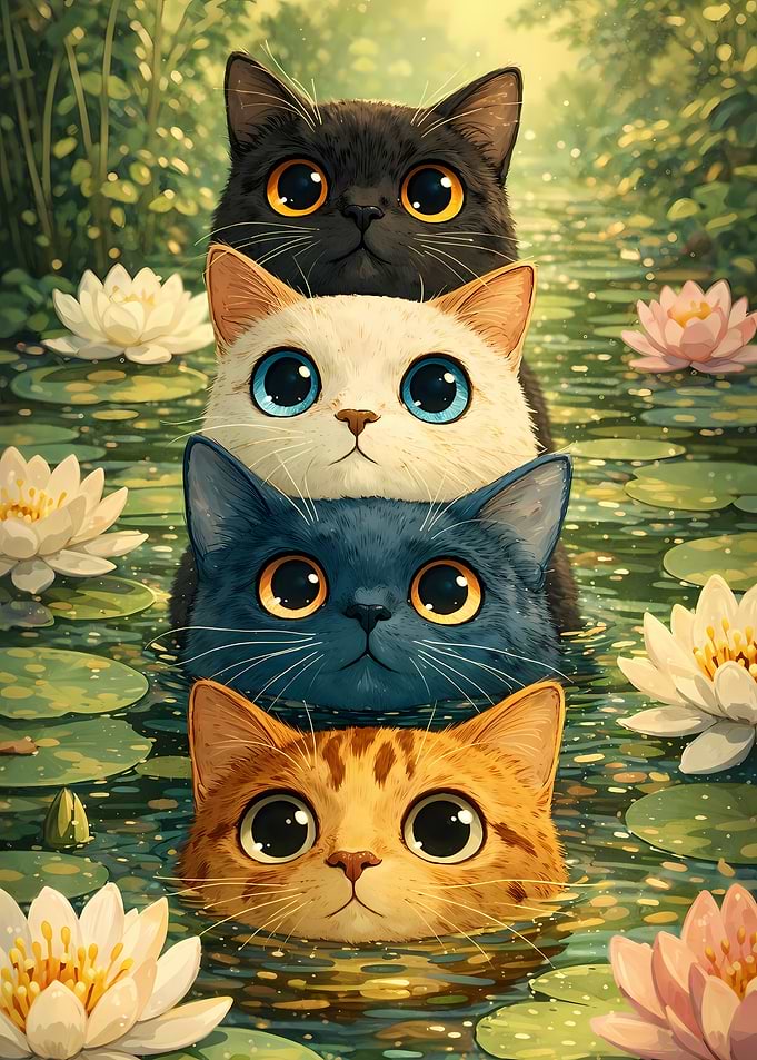 Cute Cats in Water Lilies