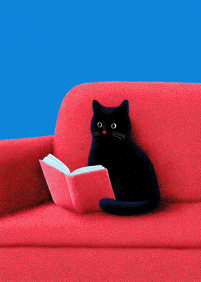 Black cat reading a book on a couch