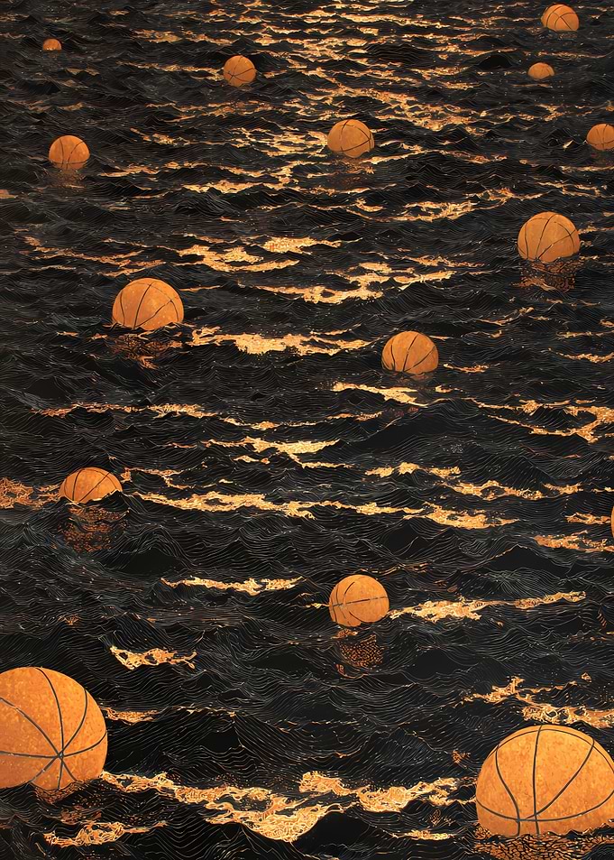Basketballs Floating on Dark, Wavy Water
